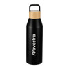 A drink bottle in matte black with a bamboo lid and a handle, featuring a logo on the side.