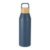 A drink bottle in navy blue with a bamboo lid, featuring a sleek design and carrying handle.