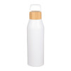 A drink bottle with a white body and a bamboo lid, featuring a handle for easy carrying. It has a logo on the surface.