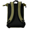 An olive green roll-top backpack featuring padded mesh shoulder straps and a top handle. It includes a logo.
