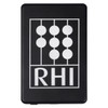 A slim black power bank with a white logo design on the front, featuring rounded shapes and the letters "RHI".