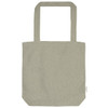 A light grey tote bag with two handles and a simple design, featuring a logo.