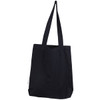 A black tote bag with two long handles, featuring a simple design and a logo on the side.