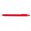 A red pen with a tapered tip and a clip on one side, featuring a smooth finish.