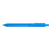 A blue pen with a transparent barrel and a rounded tip. It has a clip for easy attachment.