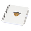 A white spiral-bound journal with a pen attached, featuring a logo on the cover.