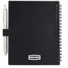 A black recycled PP journal book with a silver pen attached, featuring a spiral binding.