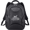 A black laptop backpack with multiple compartments and a logo. Features padded straps and mesh side pockets.