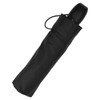 A black tipless umbrella in a matching black carrying case, featuring a logo on the handle.
