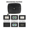 A black accessory pouch featuring a logo, with options for branding on a variety of surfaces.