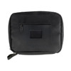 A black eco accessory pouch with a zippered closure and a front pocket featuring a logo.
