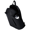A black backpack featuring a sleek design and a side pocket holding a drink bottle. It has a logo on the exterior.