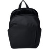 A black recycled anti-theft backpack with a spacious main compartment and front zip pocket. It has a logo on it.