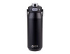 A drink bottle in matte black, featuring a vacuum quick release lid and a logo.