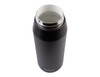 A drink bottle featuring a sleek black design with a stainless steel opening and a silver rim. It has a logo.