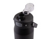 A drink bottle featuring a black matte finish and a clear quick release lid with a small spout.