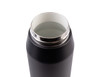 A drink bottle with a matte black finish and a silver-coloured opening, featuring a vacuum quick release lid.