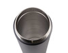A drink bottle with a stainless steel interior and a matte black exterior, featuring measurement markings inside.