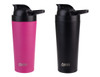 A drink bottle set featuring a pink and a black vacuum protein shaker, both with a lid and logo.