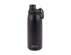 A drink bottle in matte black with a screw cap and a carry loop, featuring a logo.