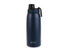 A drink bottle in navy blue with a screw cap, featuring a logo and a handle for easy carrying.