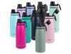 A drink bottle collection featuring various colours, including pink, black, teal, and purple, with a screw cap and logo.