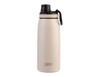 A drink bottle in a light beige colour with a black screw cap and a logo. Features a sleek, vacuum-insulated design.
