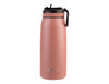 A drink bottle in soft pink with a black spout and handle, featuring a logo on the front.