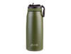 A drink bottle featuring a green matte finish, a spout lid, and a sturdy handle. It has a logo on the front.