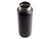 A drink bottle with a matte black finish, featuring a stainless steel opening and an embossed logo on the bottom.
