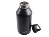 A drink bottle in matte black with a stainless steel opening and a removable lid, featuring a logo.