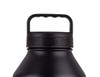 A drink bottle with a black matte finish and a sturdy carrying handle, featuring a branded section.