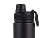 A drink bottle in matte black with a screw cap and a handle, featuring a logo on the side.