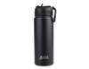 A drink bottle featuring a black matte finish, a sipper spout, and a secure cap, with a logo on the body.