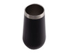 A vacuum champagne flute in matte black with a stainless steel rim, featuring a logo.