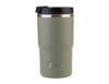 A drink bottle in olive green with a stainless steel band and a black lid, featuring a logo.