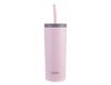 A drink bottle in pastel pink with a straw and a grey lid, featuring a logo on the base.