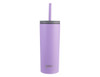 A drink bottle in lavender with a grey lid and straw, featuring a branding logo.