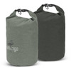 Two 10L dry bags in green and dark green, featuring a logo on one. Both have secure top closures.