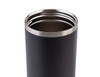 A drink bottle in matte black with a stainless steel rim, featuring a sleek, modern design and a logo.