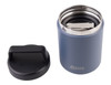 A drink bottle in blue with a black lid and a metal interior, featuring a spoon and a logo.