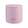 A drink bottle in pastel pink, featuring a vacuum insulation design and a spork, with a logo on the side.