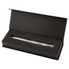 A sleek silver USB pen in a black presentation box with a foam insert. The pen has a logo on its surface.