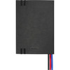 A black diary with a textured cover, featuring a logo and two ribbon page markers in red and blue.