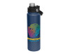 A drink bottle in navy blue with a screw cap and a branding logo featuring a colourful fingerprint design.