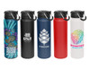 A drink bottle collection featuring a vibrant design, black, red, and white options, all with lids and logos.