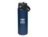 A drink bottle in navy blue with a spout and a black handle, featuring a branded logo.
