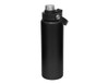 A drink bottle in matte black with a silver screw cap and a carrying handle. It features a logo.