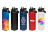 A drink bottle collection featuring a vibrant gradient, black, blue, red, and white bottles, each with a screw cap and logo.