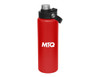A drink bottle in red with a screw cap and a logo on the side, featuring a black lid and handle.
